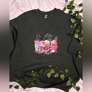 Gildan Black Sweatshirt with Coffee and Floral Design